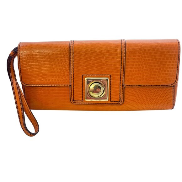 Banana Republic Handbags - Vintage Banana Republic Orange Lizard Print Leather Baguette Clutch With Gold Ha